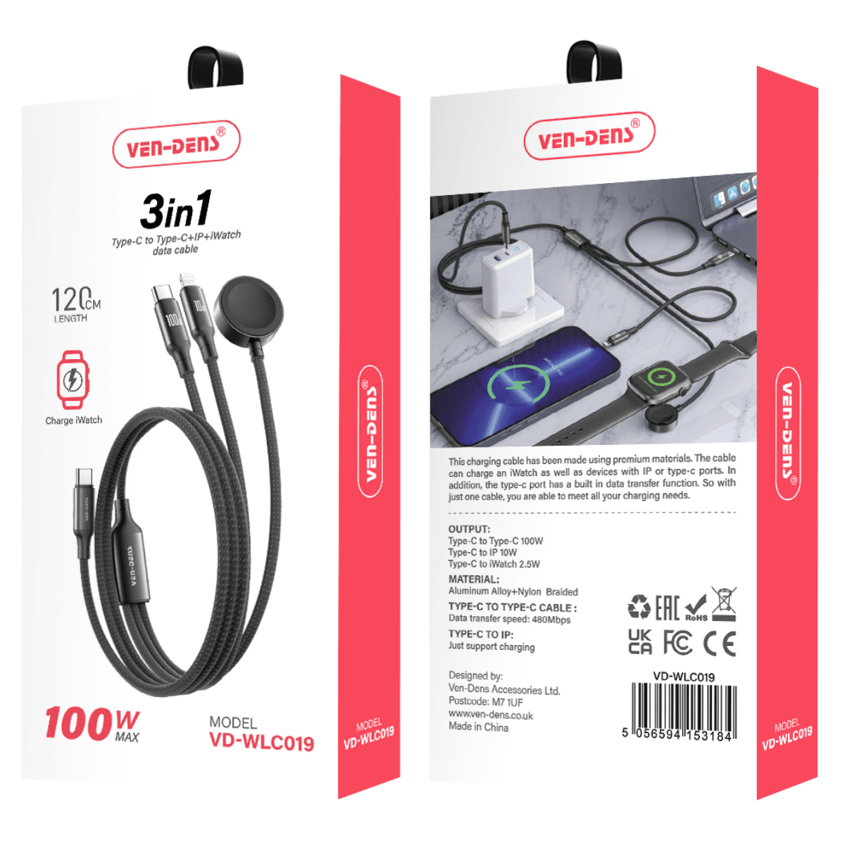 3-in-1 Type-C to Type-C, iWatch & iPhone Data Cable (100W Max) | Wireless-Style Charging & New Fashion | VD-WLC019 - Image 2