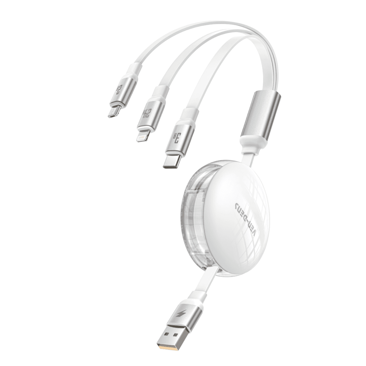 3-in-1 15W Multi-Support Charging Cable | USB-A to Micro + IP + Type-C (Retractable) | VD-DCA07 - Image 1