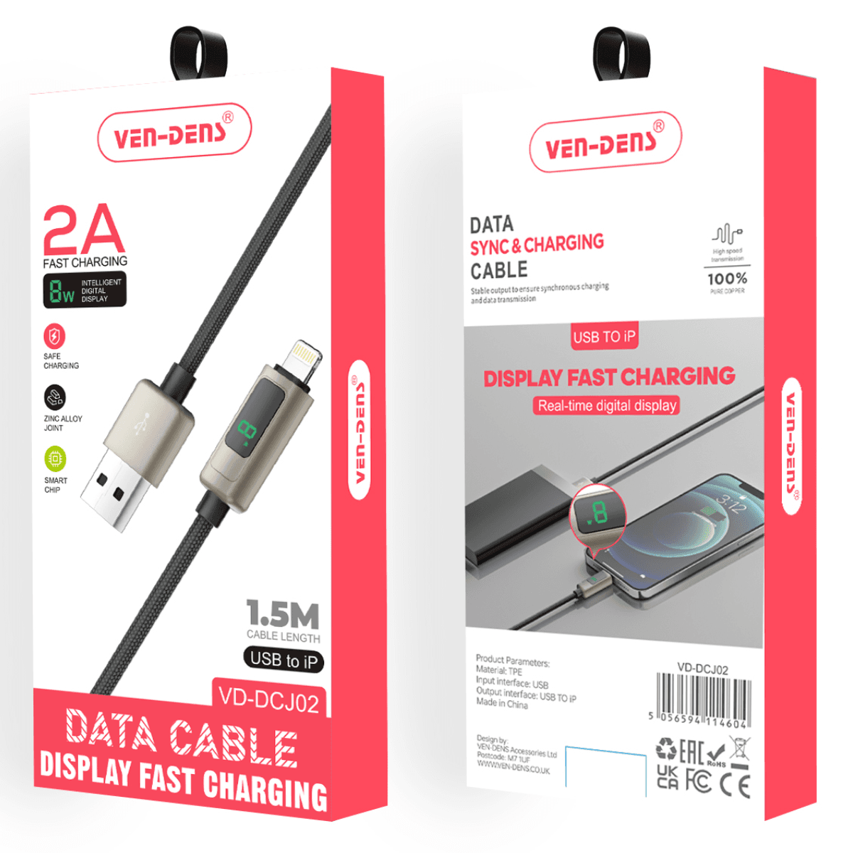 Display Fast Charging USB A to Lightning Cable | 9.5V Output & Heat-Resistant | VD-DCJ02 - Image 2