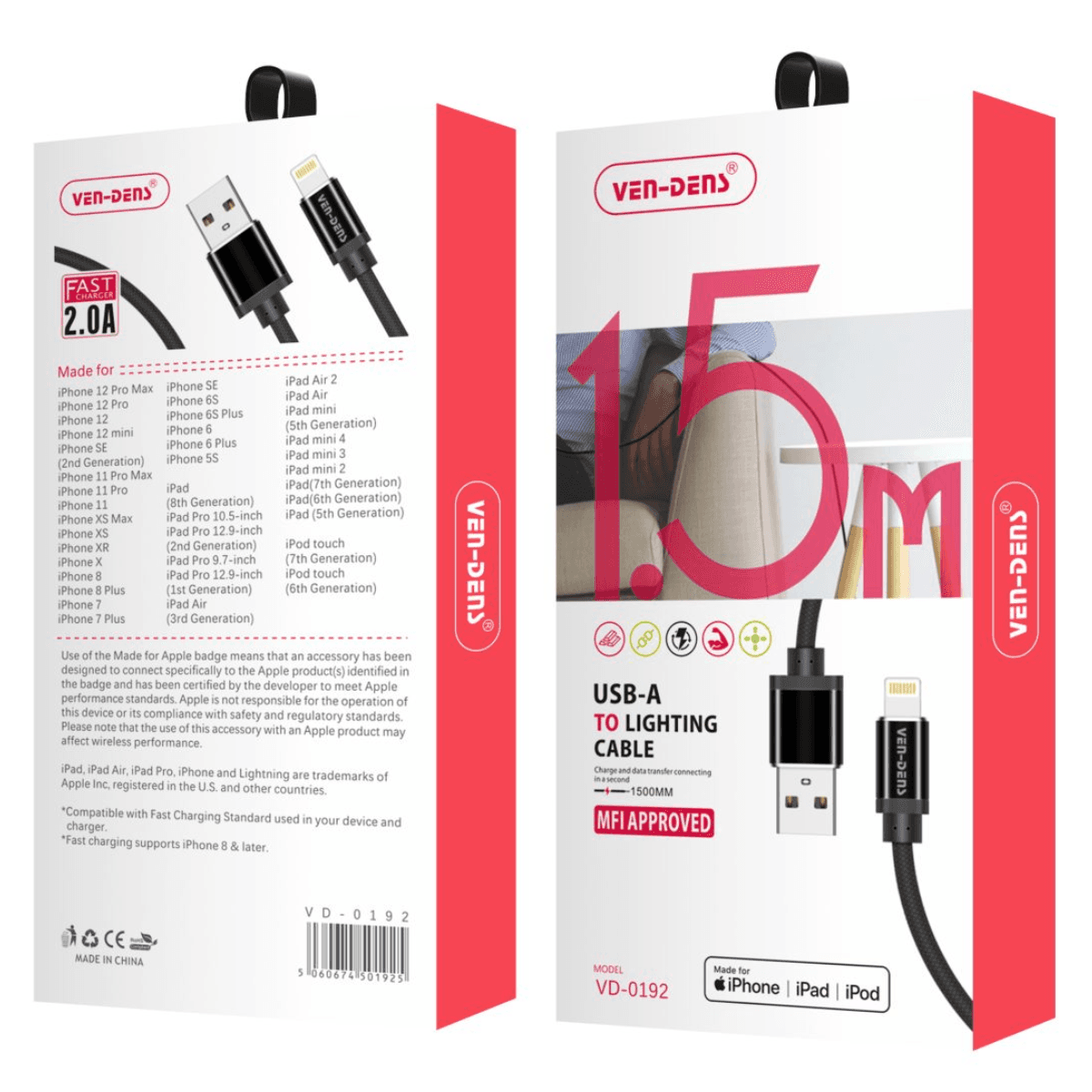 USB A to Lightning Charging Cable (MFi Certified, 1.5m) | 9.5V Output & Heat-Resistant | VD-0192 - Image 2