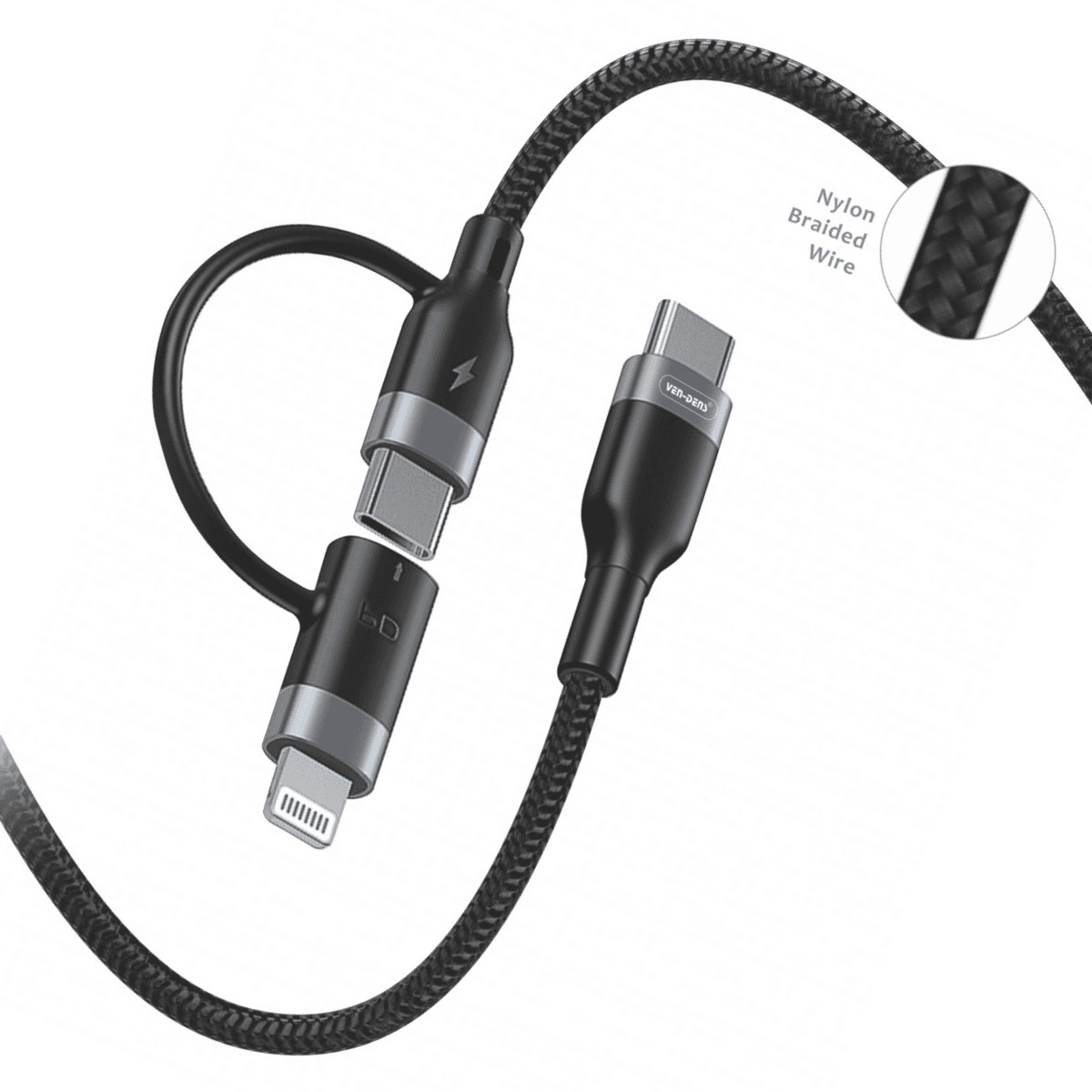 2-in-1 USB-C to USB-C + Lightning Cable (20W PD, Braided, 1m, Black) | iOS & Android | VD-P2 - Image 1