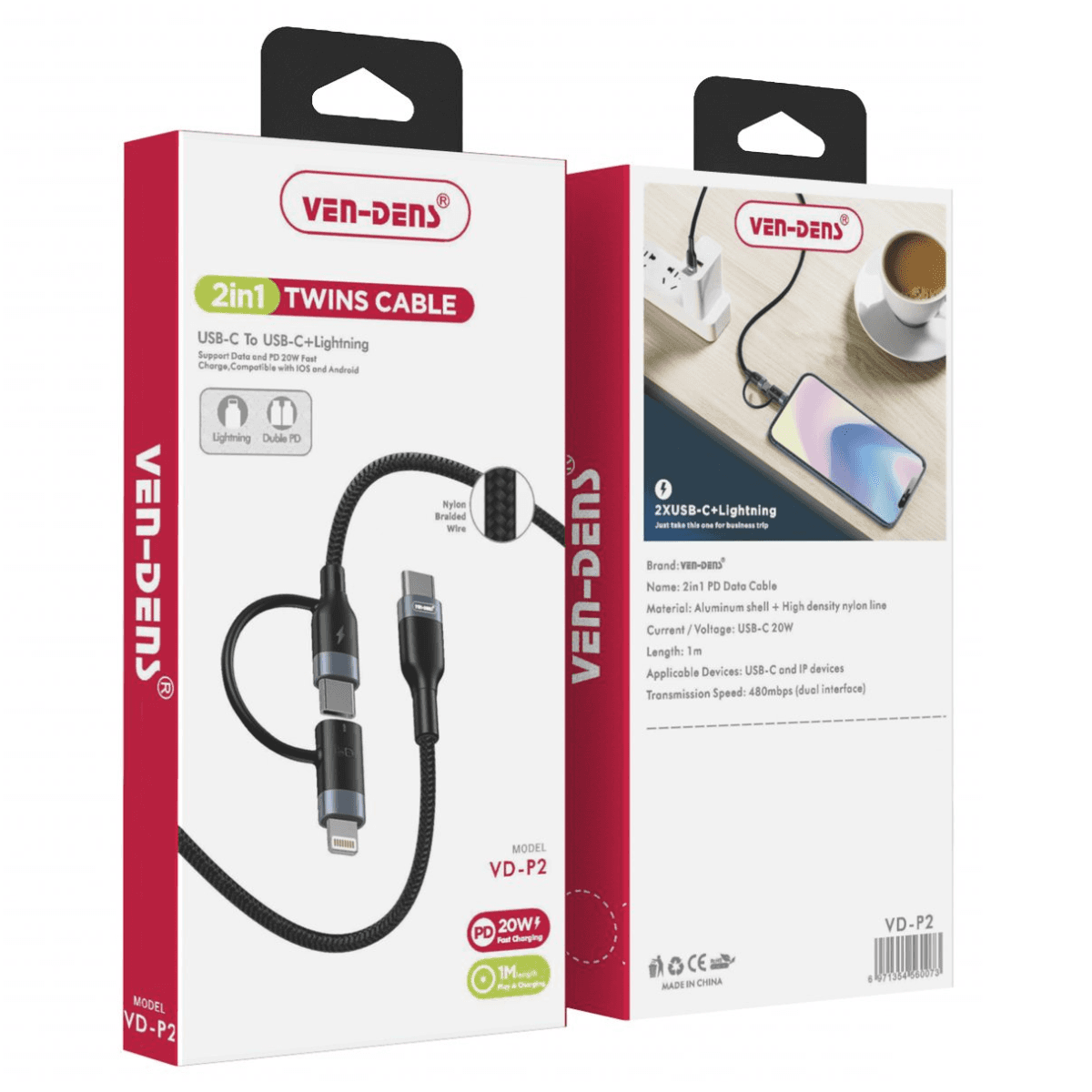 2-in-1 USB-C to USB-C + Lightning Cable (20W PD, Braided, 1m, Black) | iOS & Android | VD-P2 - Image 2