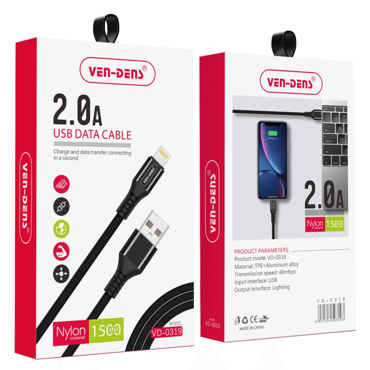 USB to Lightning Fast Charging Cable (2A, Nylon, 1.5m, Black) | Safe & Durable | VD-0319 - Image 2