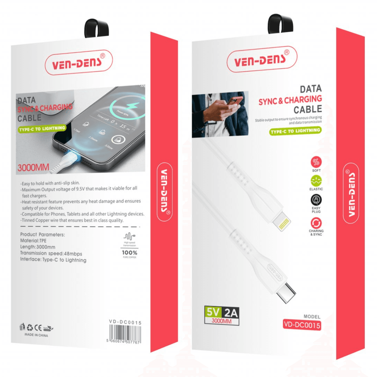 Type-C to Lightning Charging Cable (2A, 3m, White) | 9.5V Output & Heat-Resistant | VD-DC0015 - Image 2