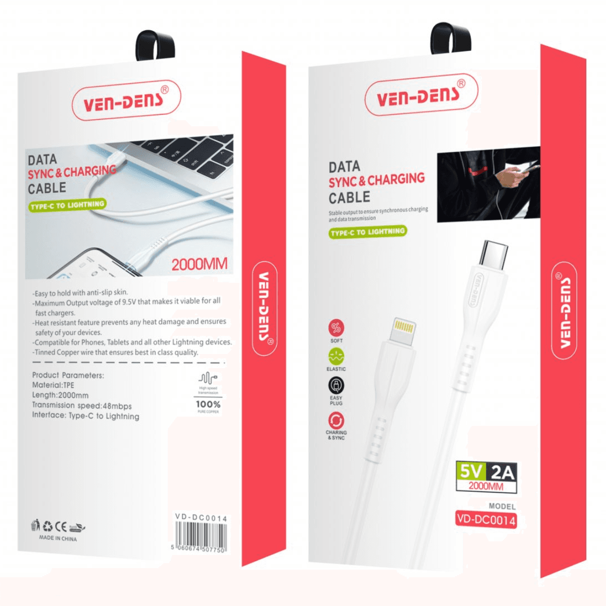 Type-C to Lightning Charging Cable (2A, 2m, White) | 9.5V Output & Heat-Resistant | VD-DC0014 - Image 2