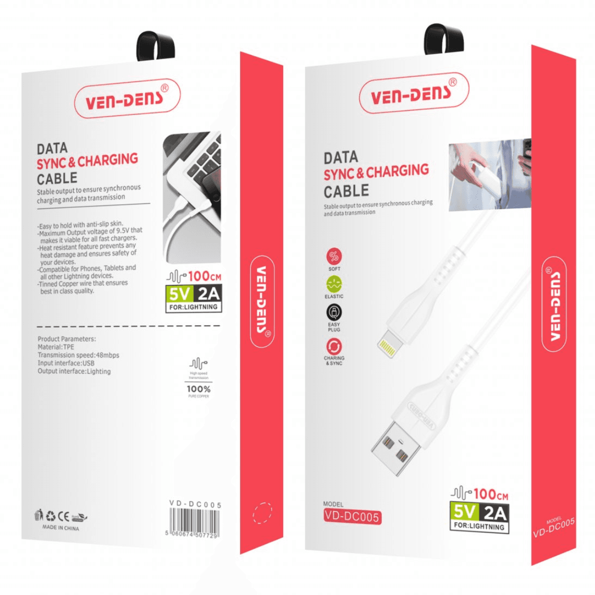 USB to Lightning Charging Cable (2A, 1m, White) | 9.5V Output & Heat-Resistant | VD-DC005 - Image 2