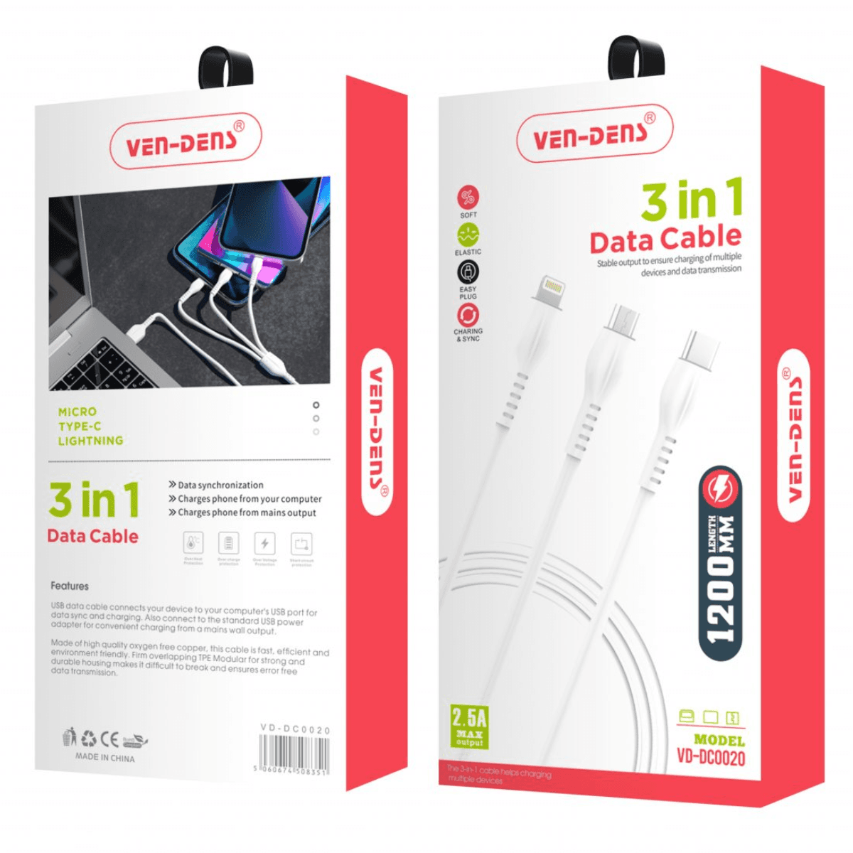 3-in-1 USB to Type-C, Lightning & Micro Cable (2.5A, 1.2m) | Fast & Durable | VD-DC0020 - Image 2