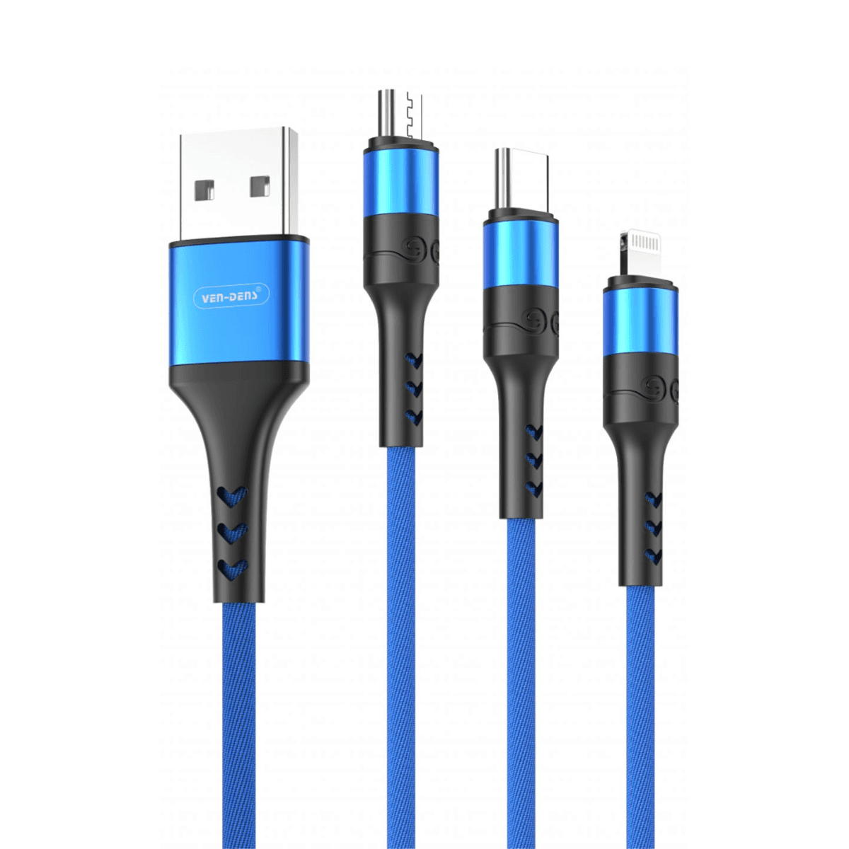3-in-1 USB to Type-C, Lightning & Micro Cable (1.2m, Blue) | Fast & Durable | VD-DC001 - Image 1