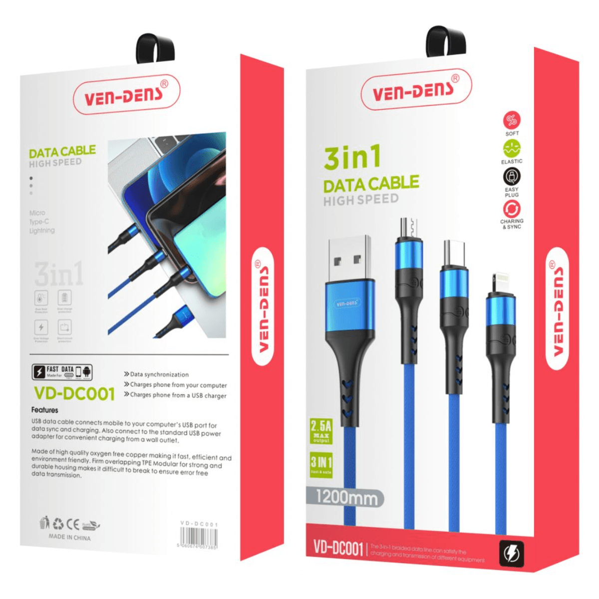 3-in-1 USB to Type-C, Lightning & Micro Cable (1.2m, Blue) | Fast & Durable | VD-DC001 - Image 2