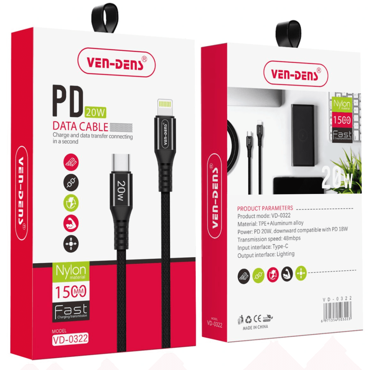 Type-C to Lightning Charging Cable (20W, 1.5m, Black, Nylon) | Apple MFi Certified & Fast PD Charge | VD-0322 - Image 2