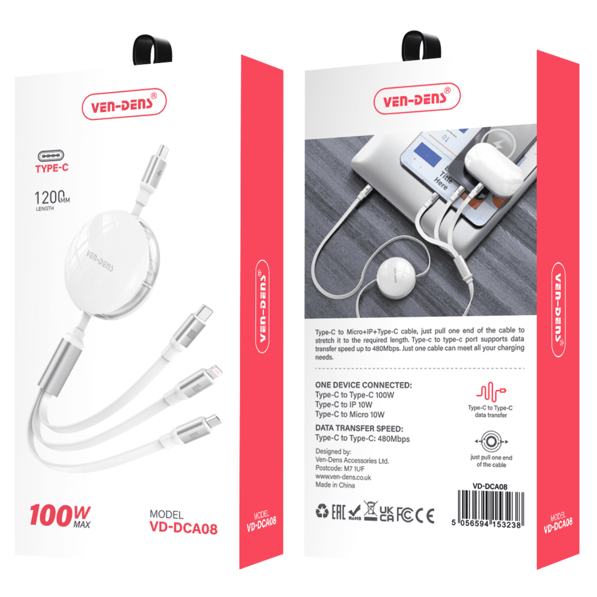 3-in-1 100W Max Multi-Support Charging Cable – Type-C to Micro, IP, and Type-C with Data Transfer Support (480Mbps) | VD-DCA08 - Image 2