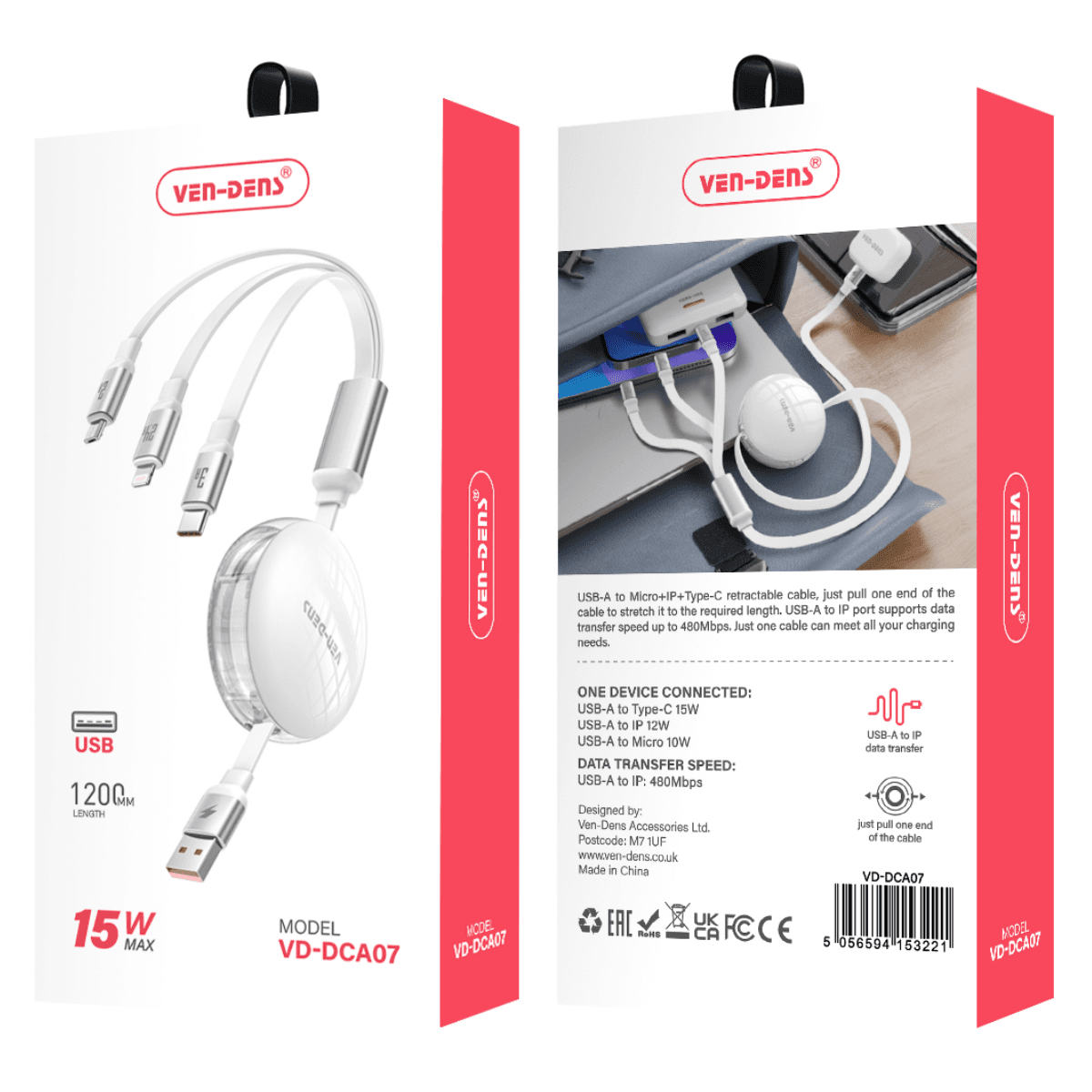 3-in-1 15W Max Multi-Support Charging Cable | USB-A to Micro, IP, and Type-C with Retractable Design and 480Mbps Data Transfer | VD-DCA07 - Image 2