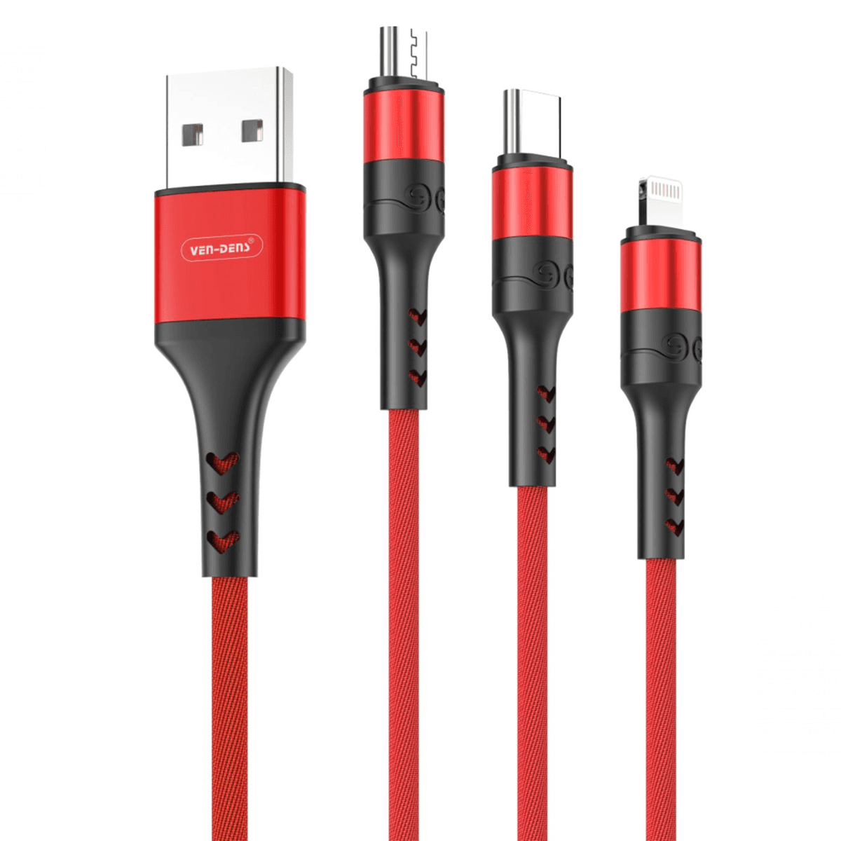 3-in-1 USB to Type-C, Lightning, and Micro Charging Cable (Red, 1.2m) – Fast & Durable | VD-DC003 - Image 1