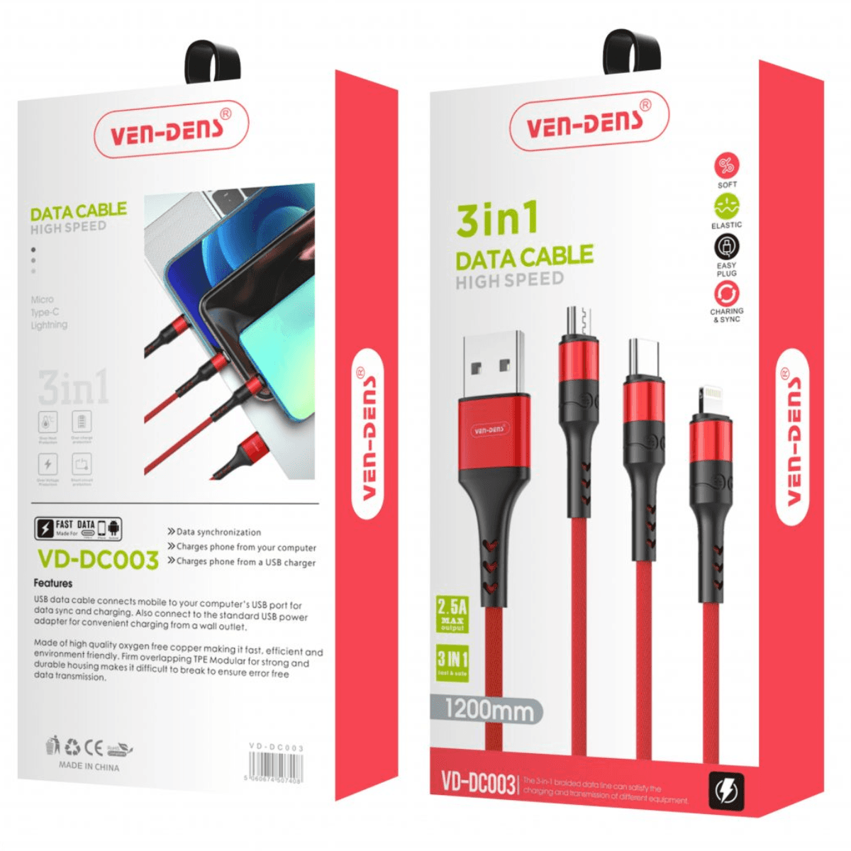 3-in-1 USB to Type-C, Lightning, and Micro Charging Cable (Red, 1.2m) – Fast & Durable | VD-DC003 - Image 2