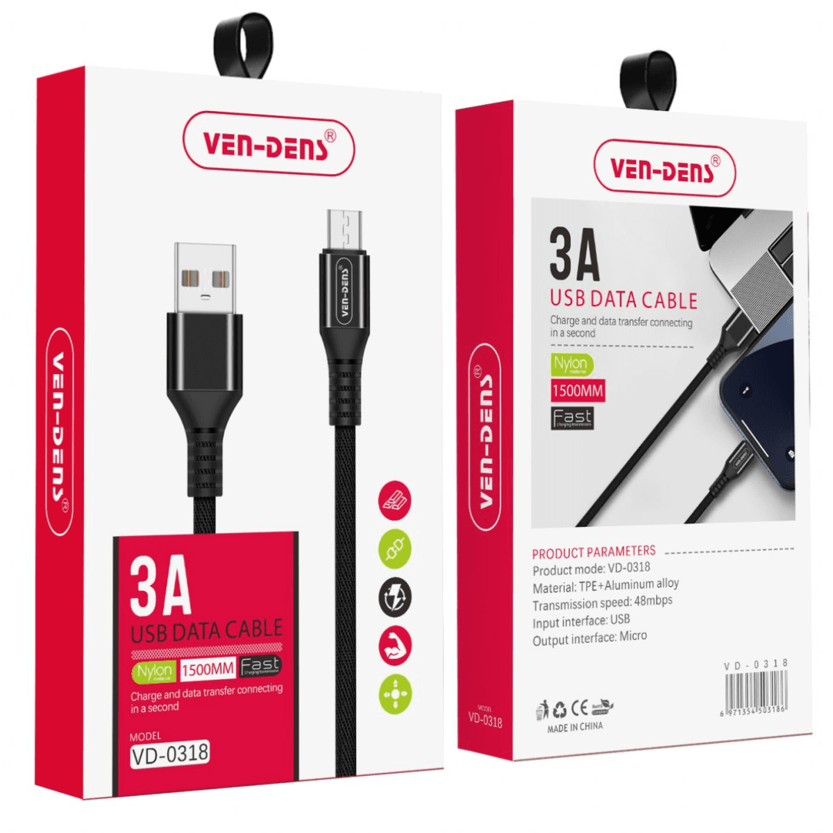 USB to Micro Charging Cable 3A Nylon Cable (Black, 1.5 Metre) – Durable & Safe | VD-0318 - Image 2