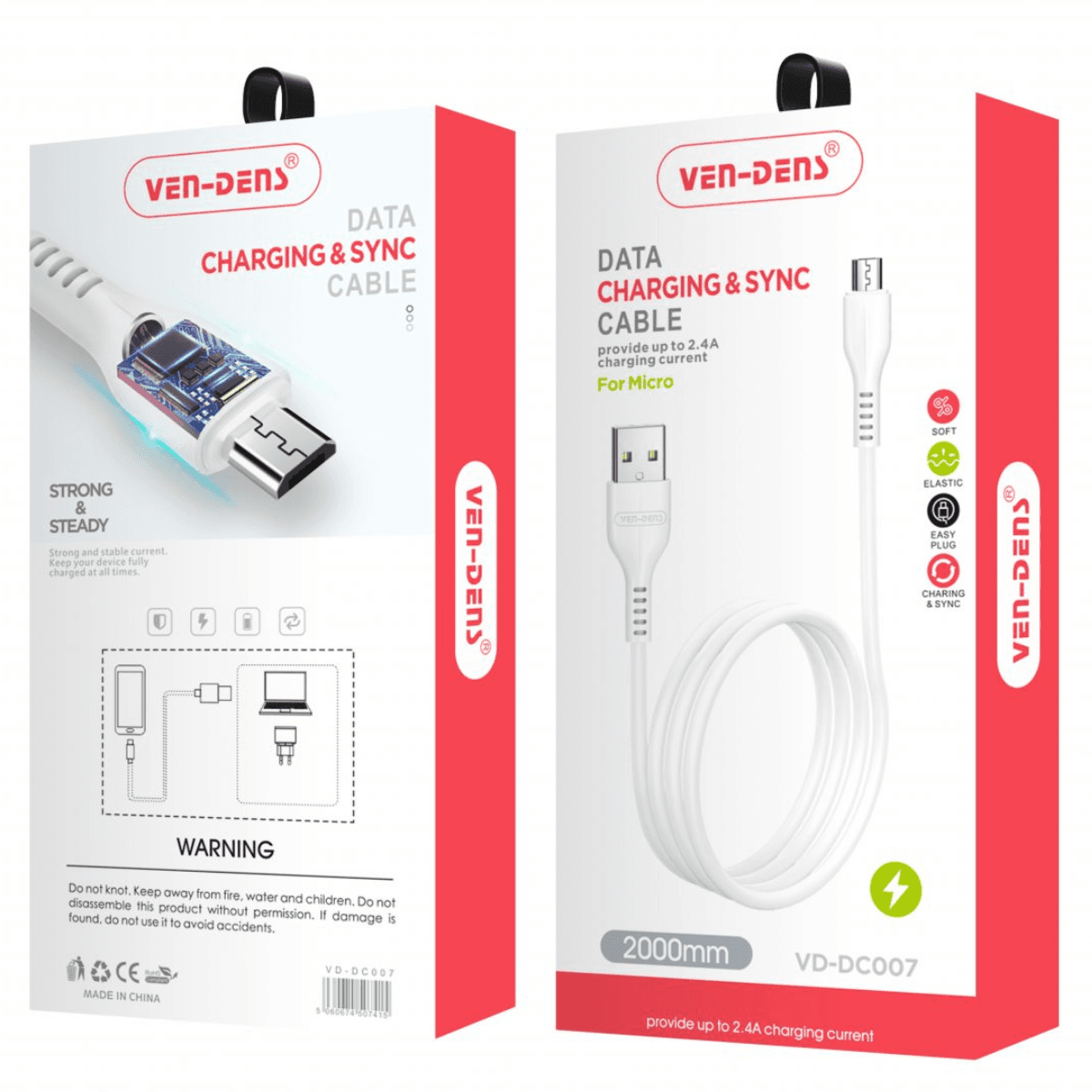 USB to Micro Charging Cable 2.4A (White, 2 Metre) – Fast & Durable | VD-DC007 - Image 2