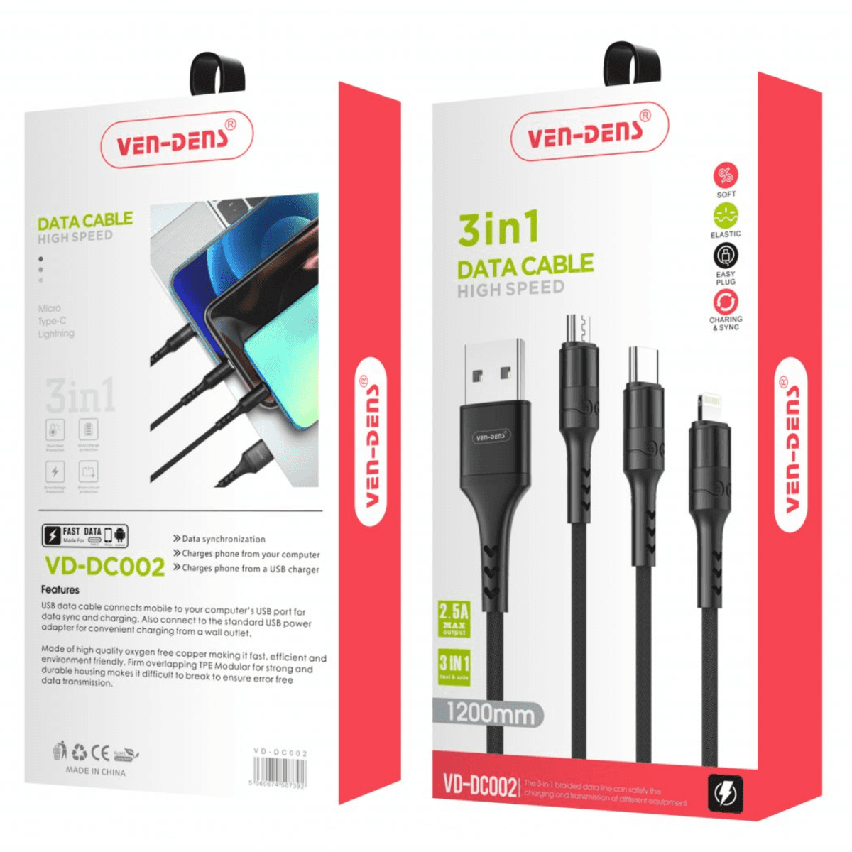 3-in-1 USB to Type-C, Lightning, and Micro Charging Cable (Black, 1.2 Metre) – Fast, Durable & Multi-Functional | VD-DC002 - Image 2
