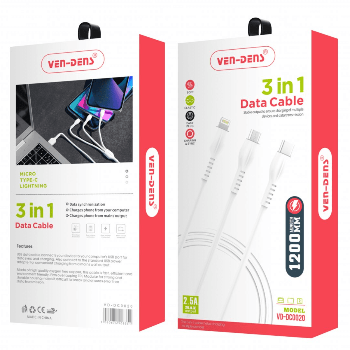 3-in-1 USB to Type-C, Lightning, and Micro Charging Cable 2.5A (1.2 Metre) – Fast, Durable & Multi-Device Compatible | VD-DC0020 - Image 2
