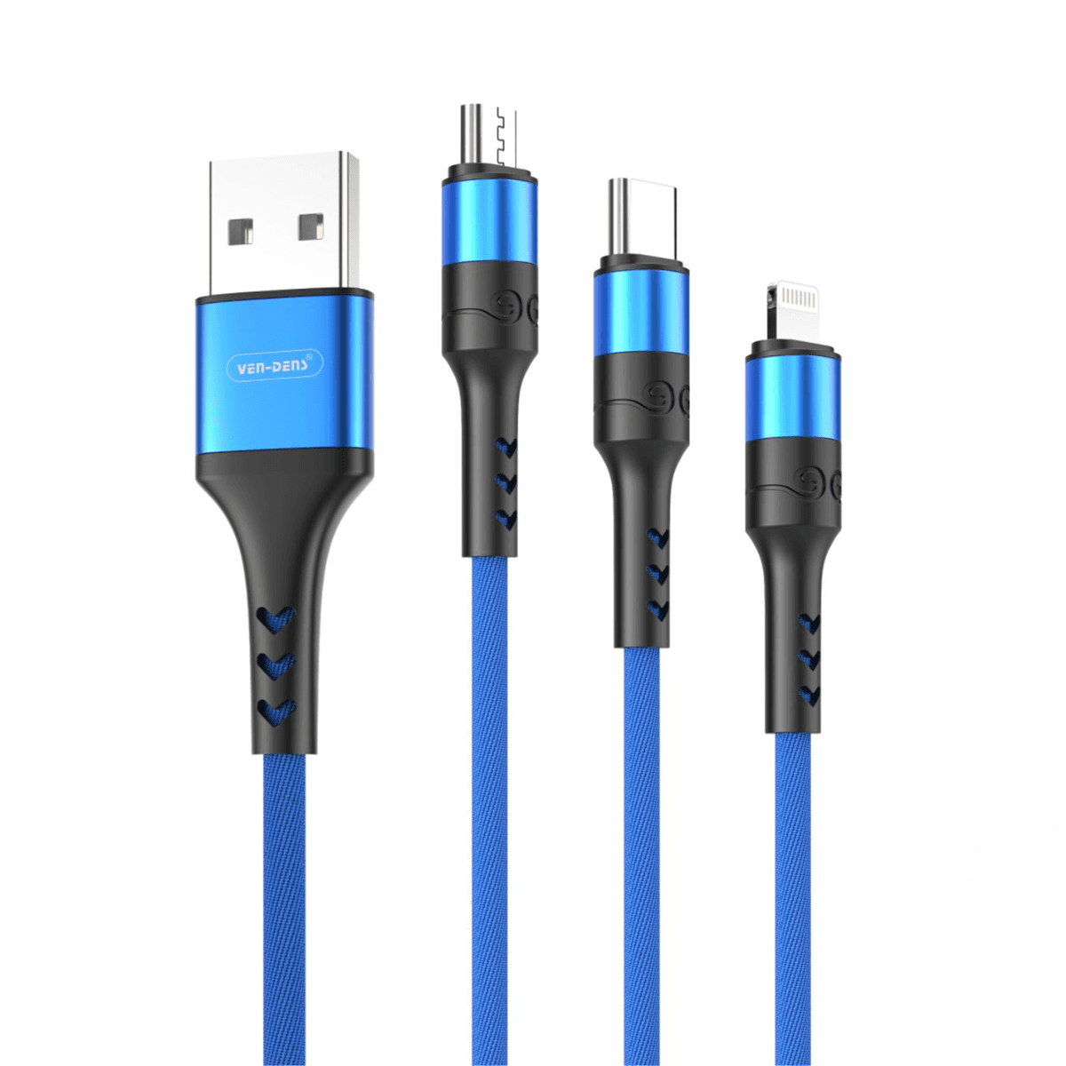 3-in-1 USB to Type-C, Lightning, and Micro Charging Cable (Blue, 1.2 Metre) – Fast, Durable & Eco-Friendly | VD-DC001 - Image 1