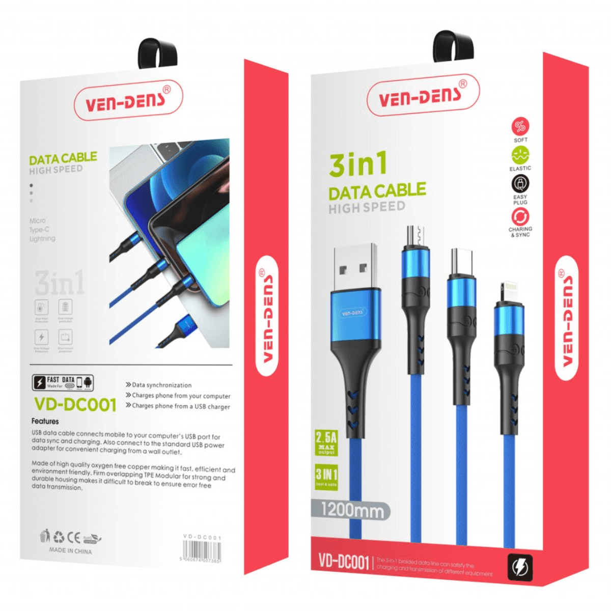 3-in-1 USB to Type-C, Lightning, and Micro Charging Cable (Blue, 1.2 Metre) – Fast, Durable & Eco-Friendly | VD-DC001 - Image 2