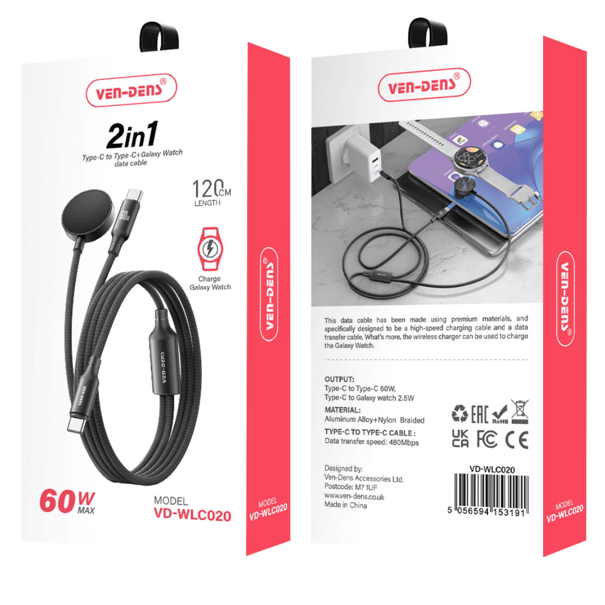 2-in-1 Type-C to Type-C + iWatch Data Cable (60W Max) – Wireless Comfort & Sleek Design | VD-WLC020 - Image 2