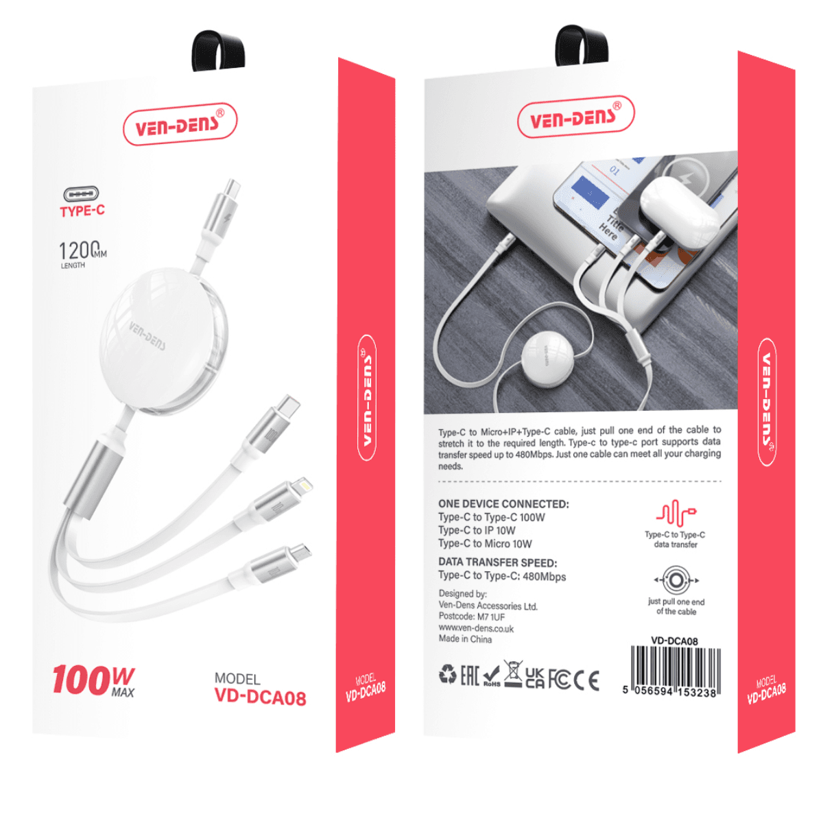 3-in-1 100W Max Multi-Support Charging Cable – Type-C to Micro, iP, and Type-C with 480Mbps Data Transfer | VD-DCA08 - Image 2