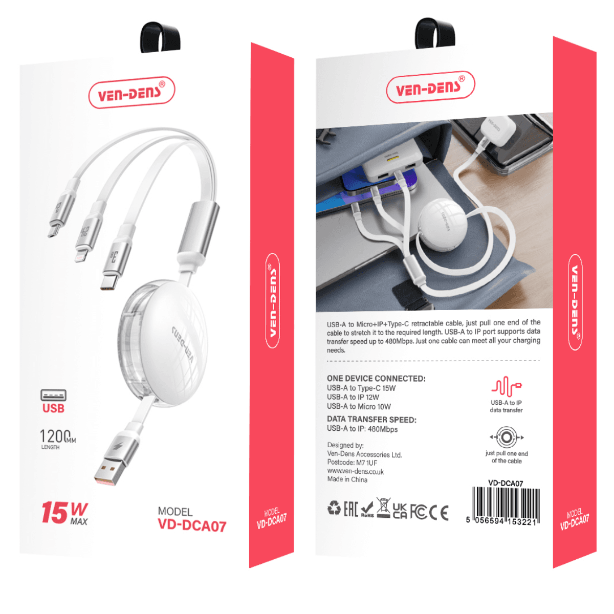 3-in-1 15W Max Multi-Support Charging Cable – USB-A to Micro, iP, and Type-C with 480Mbps Data Transfer | VD-DCA07 - Image 2