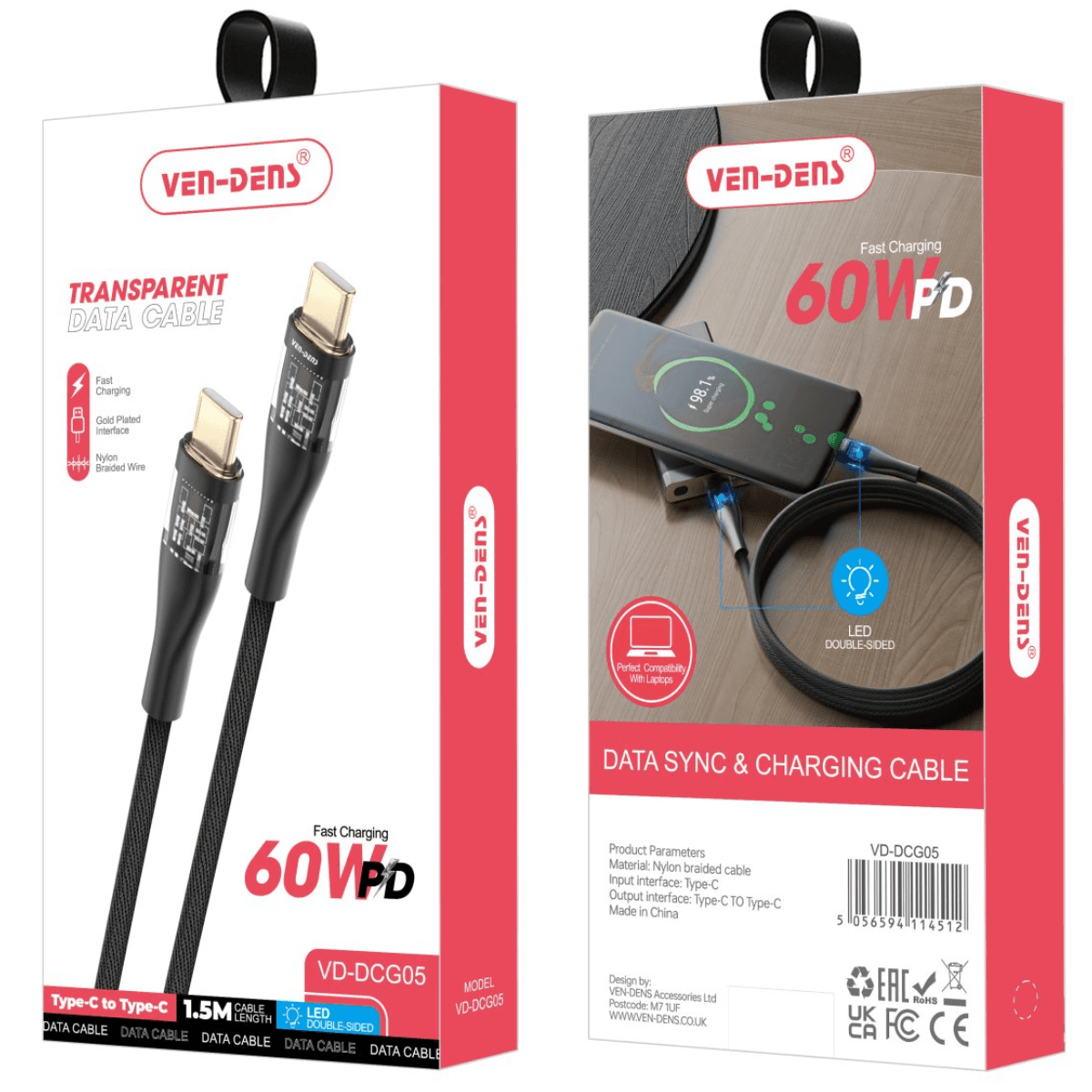 Transparent Aesthetic USB-C to USB-C Fast Charging & Data Sync Cable – Durable, Heat-Resistant, and Stylish | VD-DCG05 - Image 2