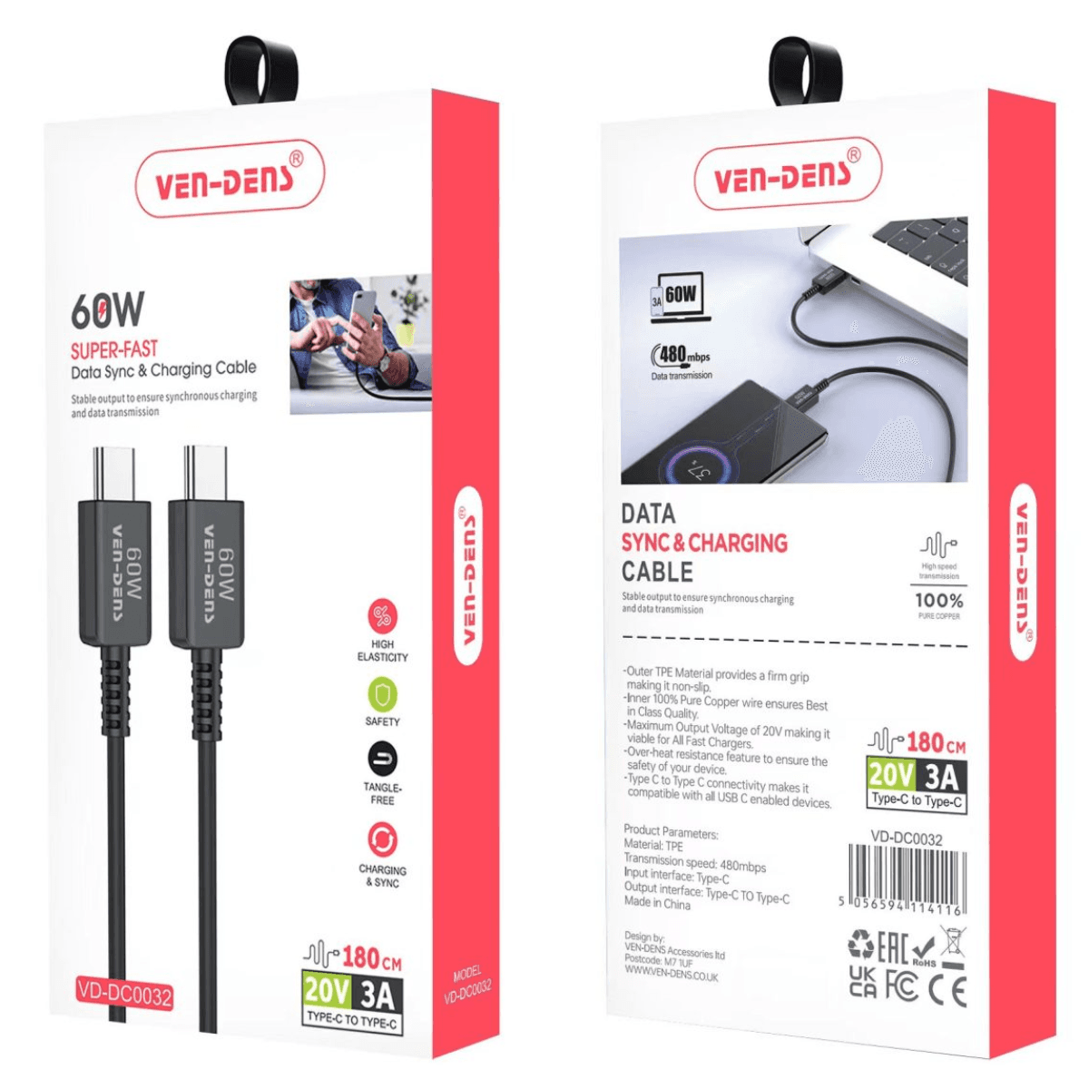 60W Type-C to Type-C Charging Cable (1.8 Meter, Black) – Fast Charging & Data Sync | VD-DC0032  - Image 2