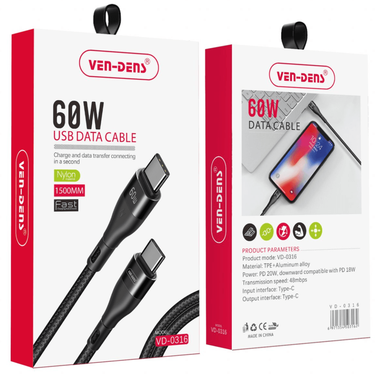60W Braided Type-C to Type-C Charging Cable (1.5 Meter, Black) – Fast Charging & Data Transfer | VD-0316 - Image 2