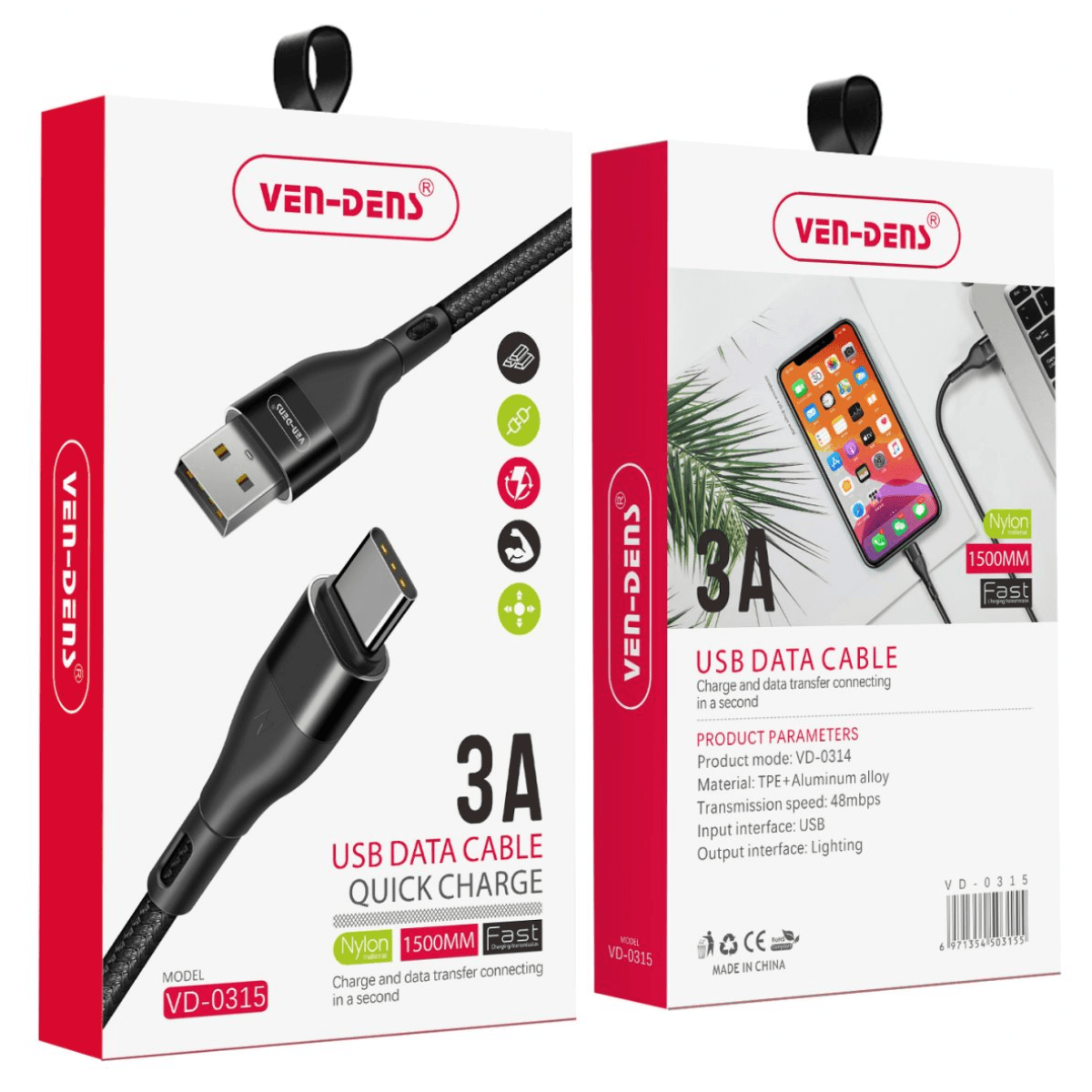 USB to Type-C Charging Cable 3A Nylon Braided (1.5 Meter, Black) – Durable & Reliable | VD-0315 - Image 2