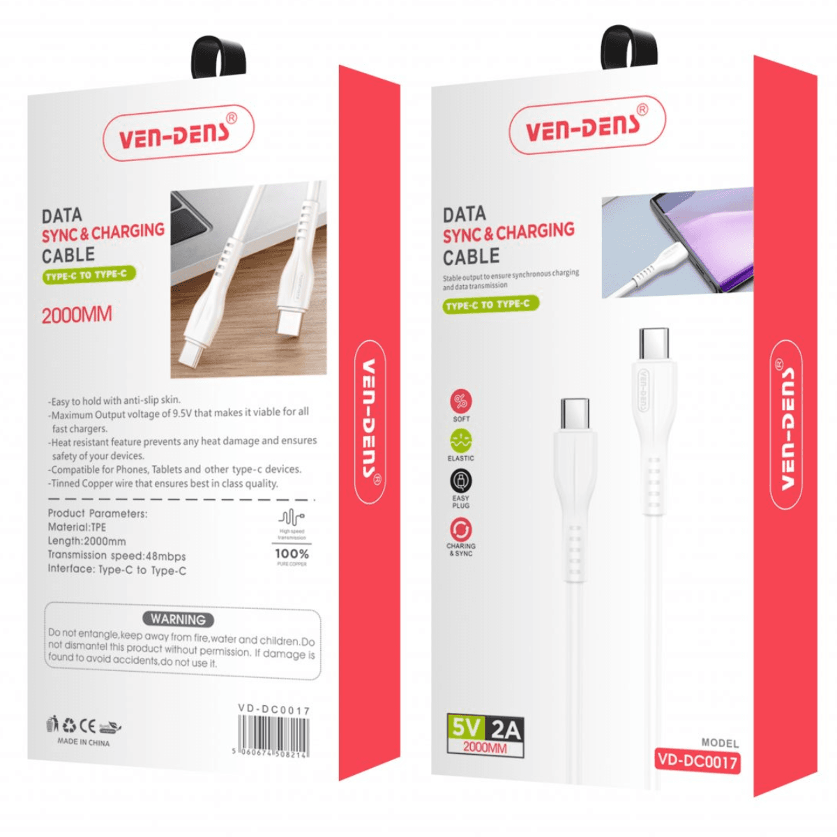 Type-C to Type-C Charging Cable 2A (2 Meter, White) – Durable, Heat-Resistant, and Safe | VD-DC0017 - Image 2