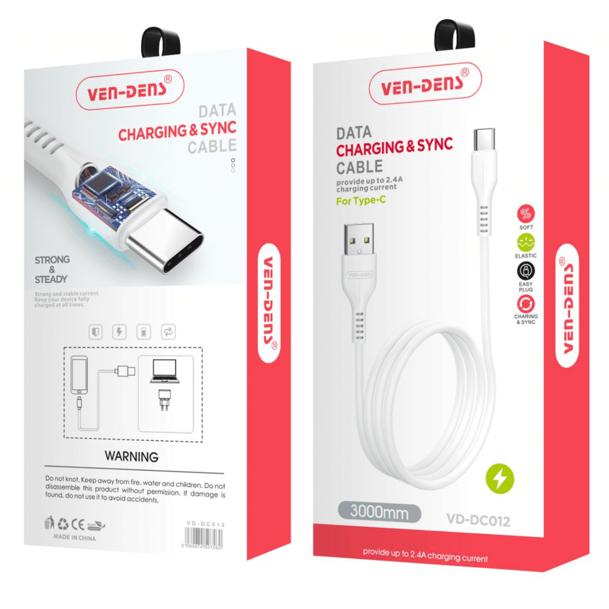 USB to Type-C Charging Cable 2.4A (3 Meter, White) – Durable, Long-Range, and Reliable | VD-DC0012 - Image 2