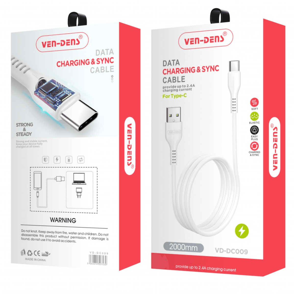 USB to Type-C Charging Cable 2.4A (2 Meter, White) – Durable, Safe, and Reliable | VD-DC009 - Image 2