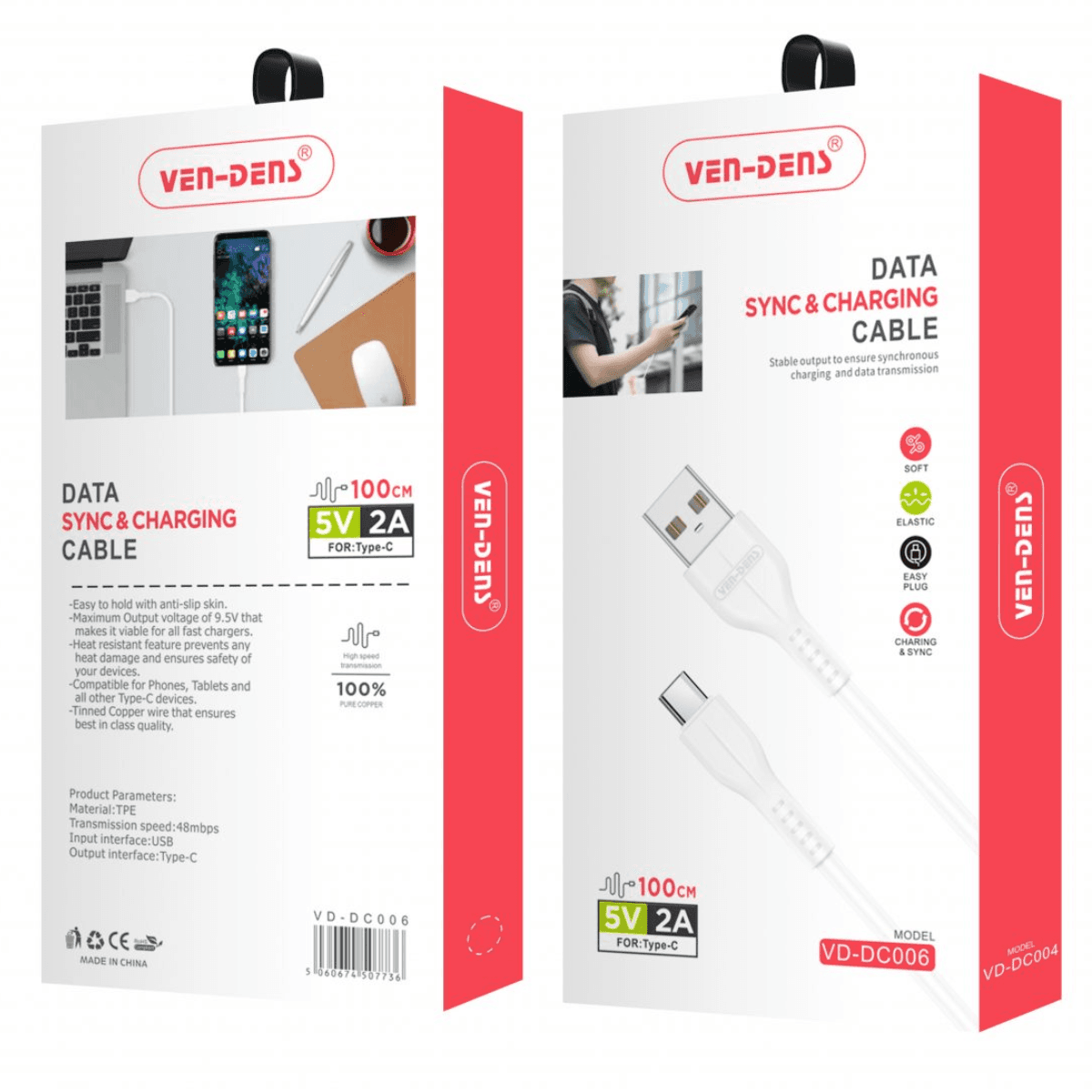 USB to Type-C Charging Cable 2A (1 Meter, White) – Fast, Durable, and Heat-Resistant | VD-DC006 - Image 2