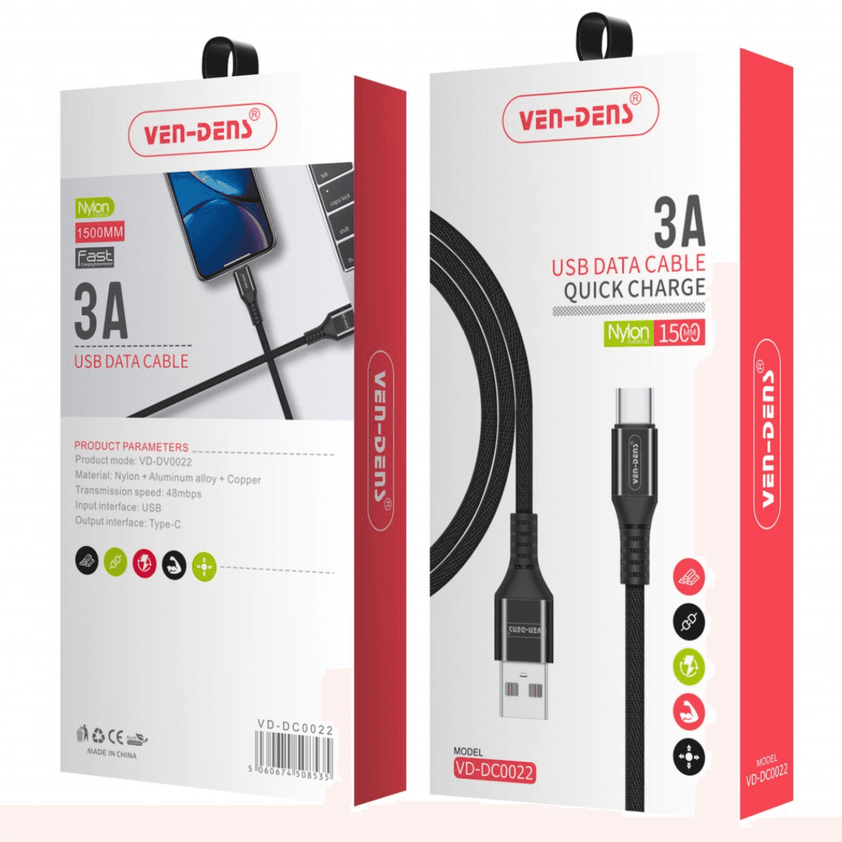 USB to Type-C Charging Cable 3A Nylon Braided (1.5 Meter, Black) – Durable & High-Speed | VD-DC0022 - Image 2