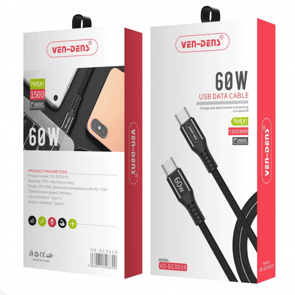 60W Type-C to Type-C Charging Cable (1.5 Meter, Black) – Nylon Braided, Durable, and Fast |  VD-DC0019 - Image 2