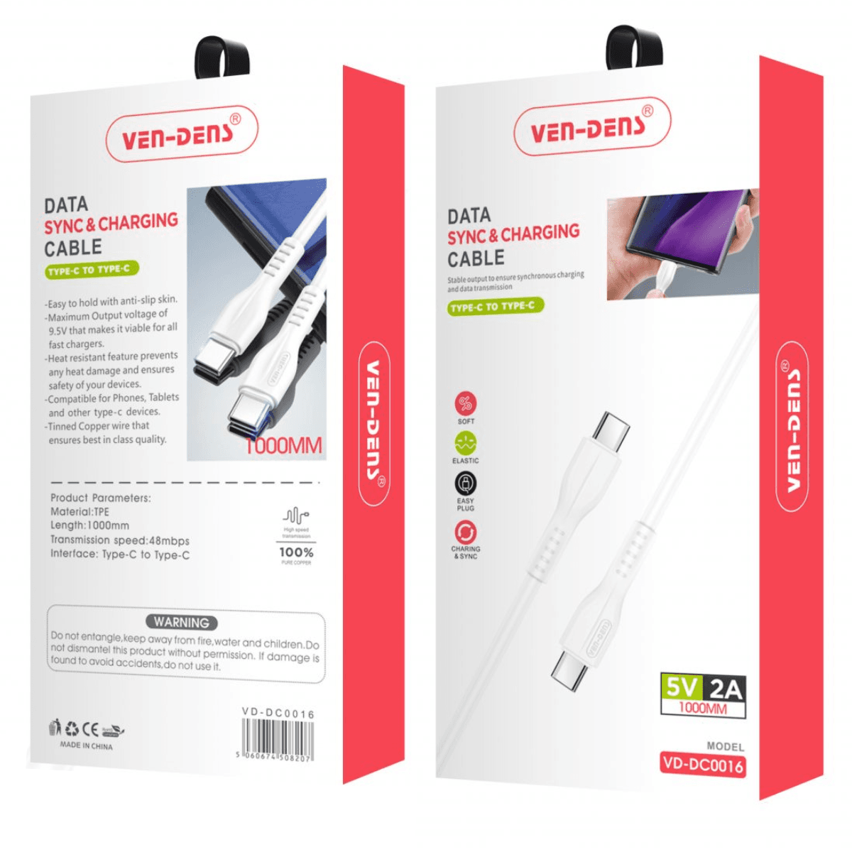 Type-C to Type-C Charging Cable 2A (1 Meter, White) – Durable, Heat-Resistant, and Reliable |  VD-DC0016 - Image 2