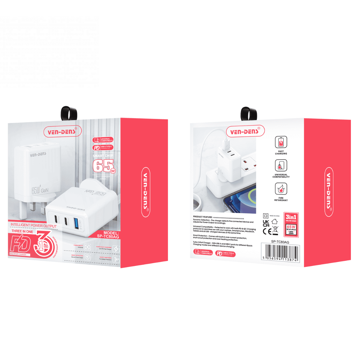 65W GaN Charger USB & Type-C 3-in-1 Multi-Port Charger Plug (SP-TC80AG) – Smart, Fast, and Universal | SP-TC 80 AG - Image 2