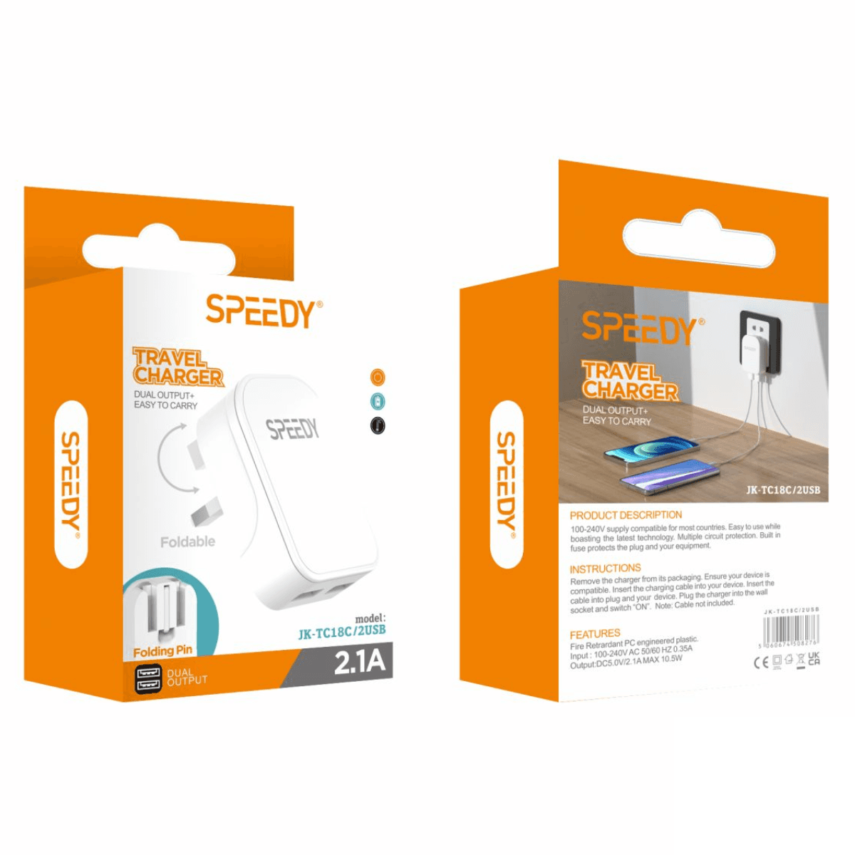Foldable Travel Charger with Dual Output White – Compact, Safe, and Travel-Ready | JK-TC18C/2USB - Image 2