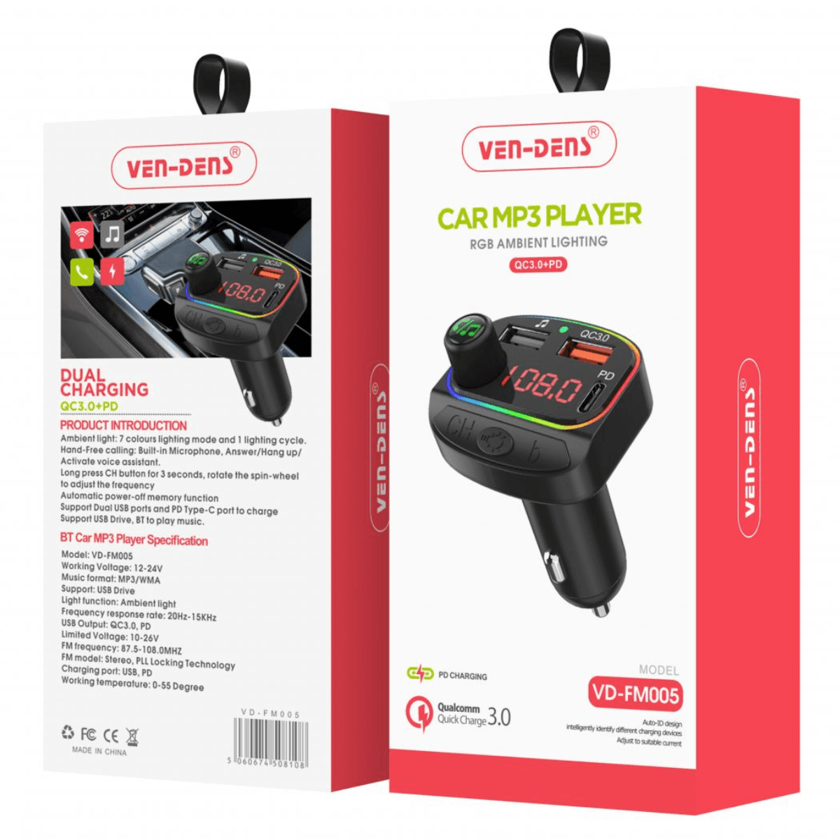Car Charger & FM Player with 2 USB QC3.0 + PD – Multi-Functional, Fast, and Stylish | VD-FM005 - Image 2