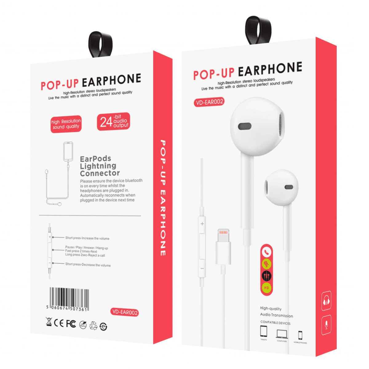 Pop Up Lightning Earphones – High-Resolution Stereo Sound & Seamless Connectivity | VD-EAR002 - Image 2