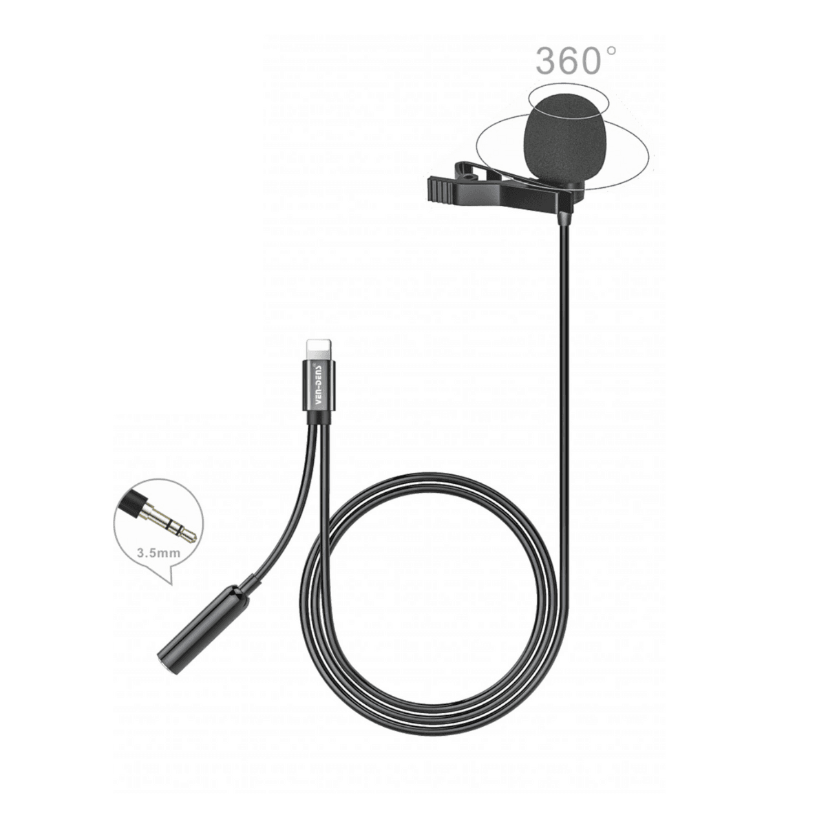2 in 1 Lavalier Microphone to Lightning & 3.5mm Splitter – High-Quality Clip-On Mic for Clear Audio Recording | VD-LM205 - Image 1