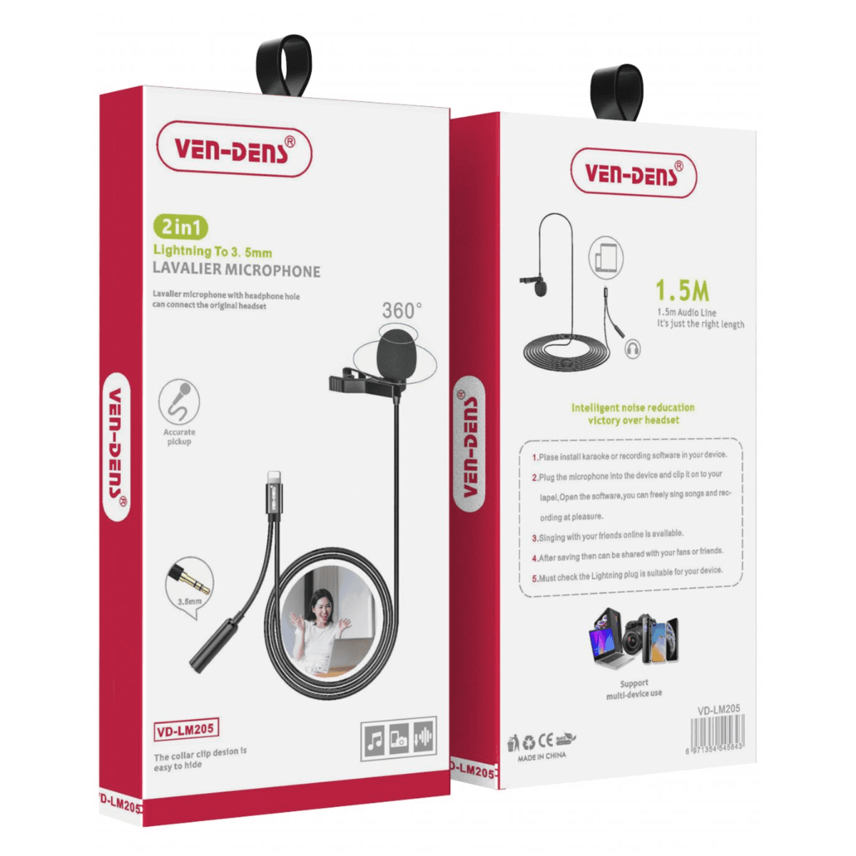 2 in 1 Lavalier Microphone to Lightning & 3.5mm Splitter – High-Quality Clip-On Mic for Clear Audio Recording | VD-LM205 - Image 2