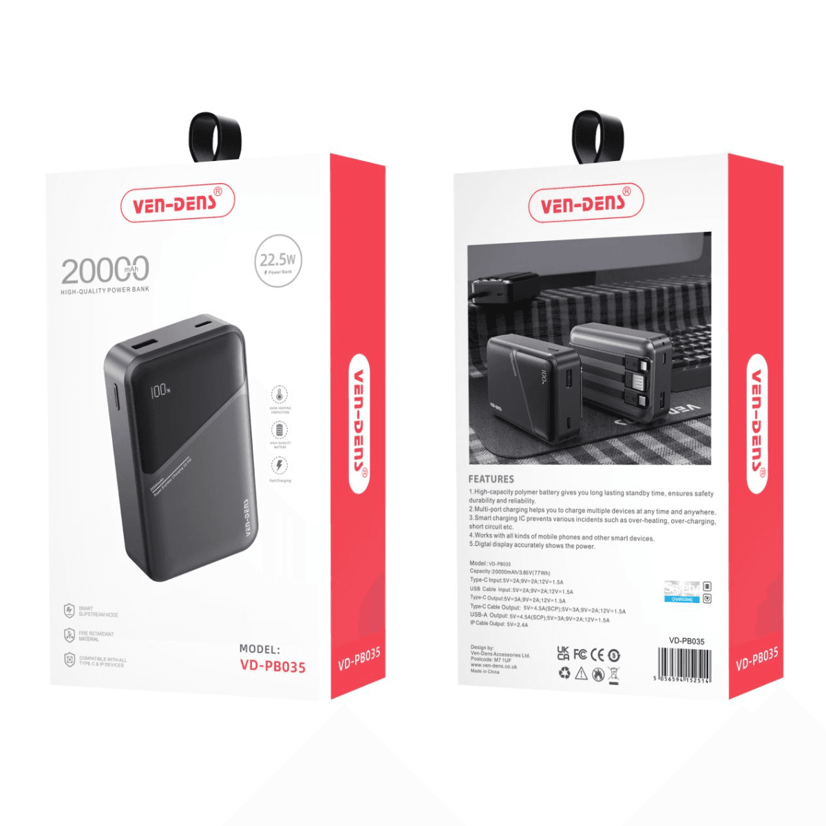 Power Bank 20000mAh 22.5W Wireless – 3-in-1 Built-in Charging Cables | VD-PB035 - Image 2