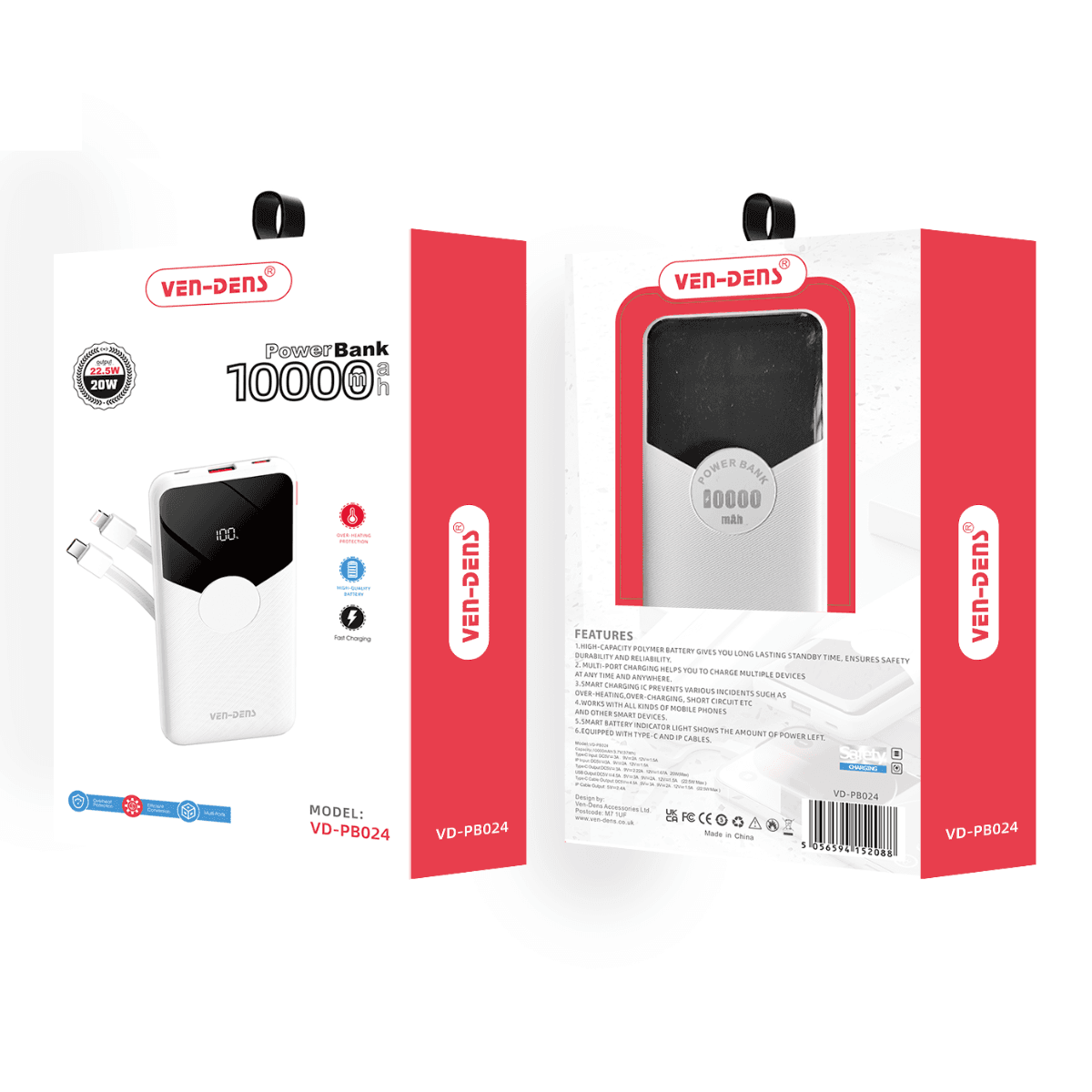 Power Bank 10000mAh 22.5W/20W – LED Display with Built-in Type-C & iPhone Cables | VD-PB024 - Image 2