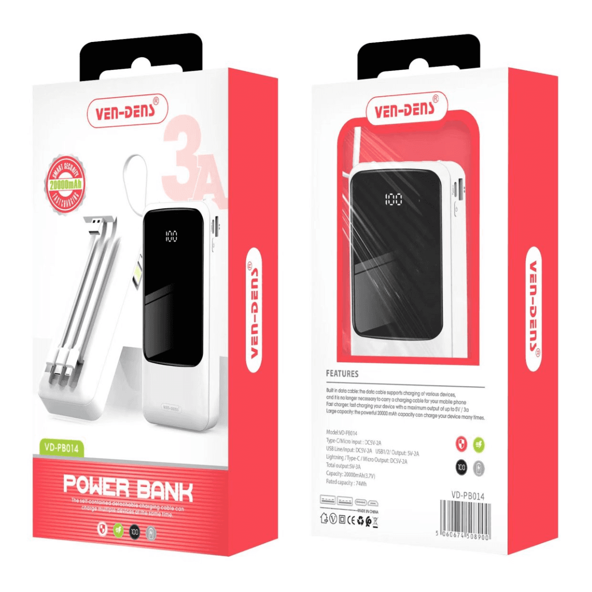 Power Bank 20000mAh – 3A Output with 3 Types of Charging Cables | VD-PB014 - Image 2