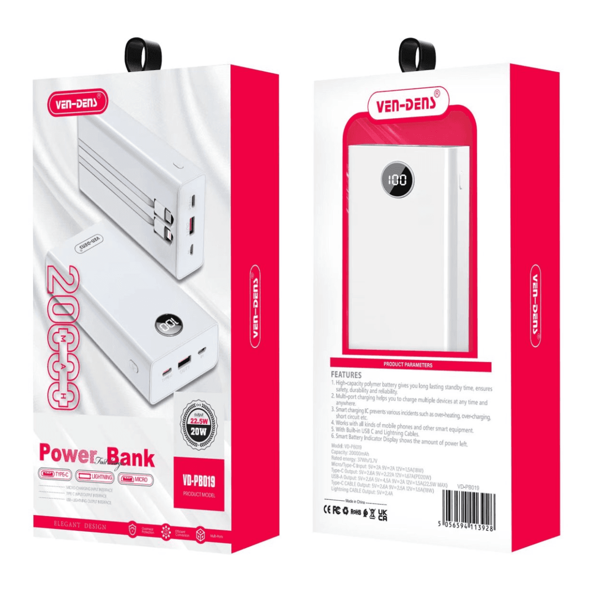 Power Bank 20000mAh Portable Charger – 22.5W Fast Charging with Type-C & Lightning Cable | VD-PB019 - Image 2
