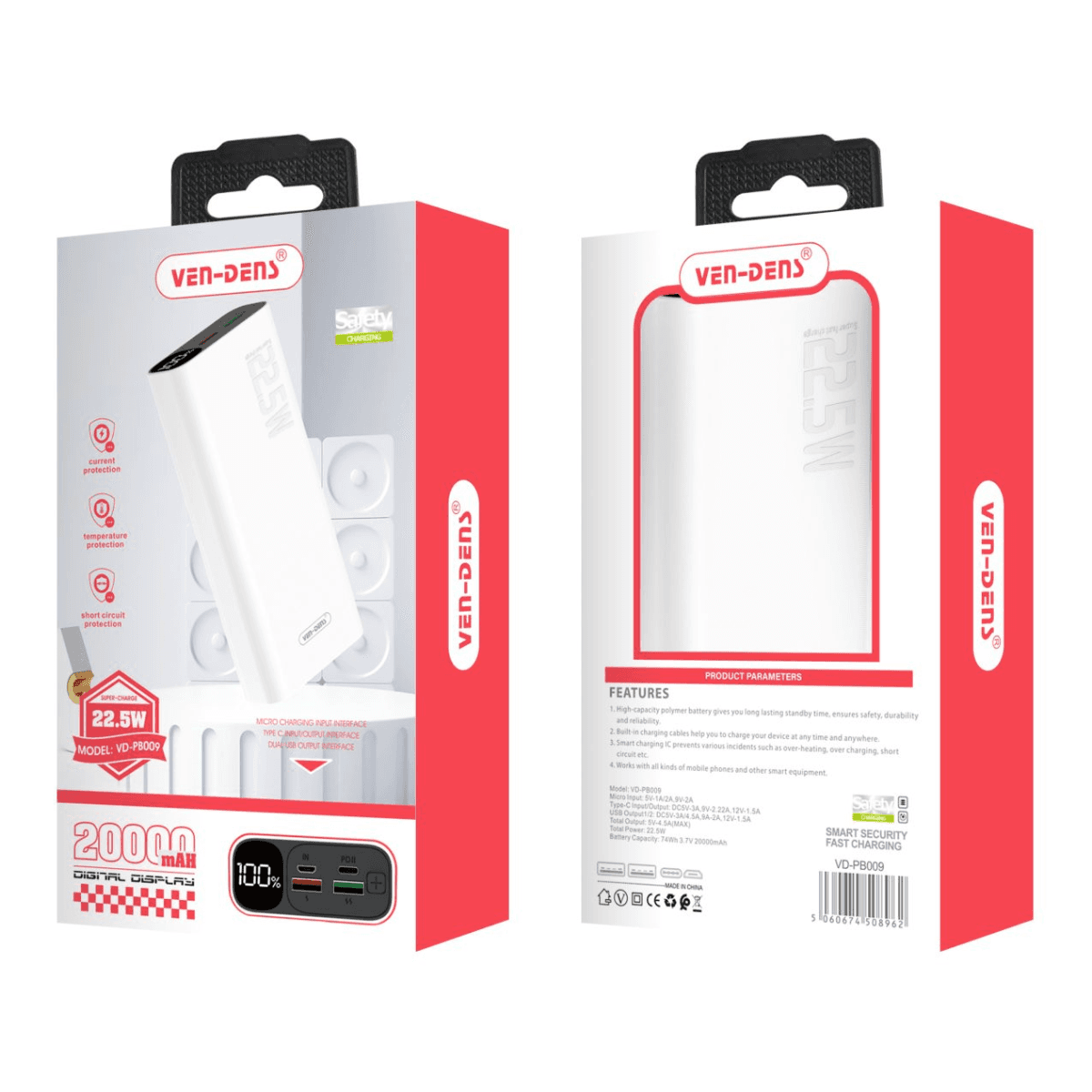Power Bank 20000mAh Portable Charger – 22.5W Dual Port USB & USB-C Fast Charging | VD-PB009 - Image 2