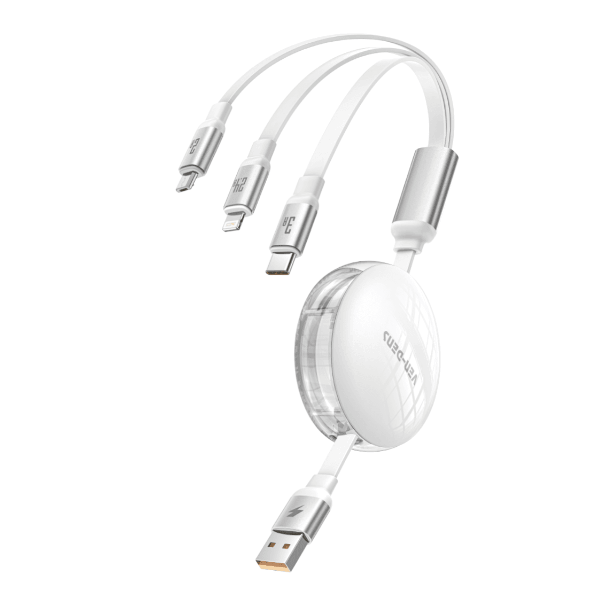 3-in-1 15W Multi-Support Charging Cable | USB-A to Micro + IP + Type-C (Retractable) | VD-DCA07 - Main view